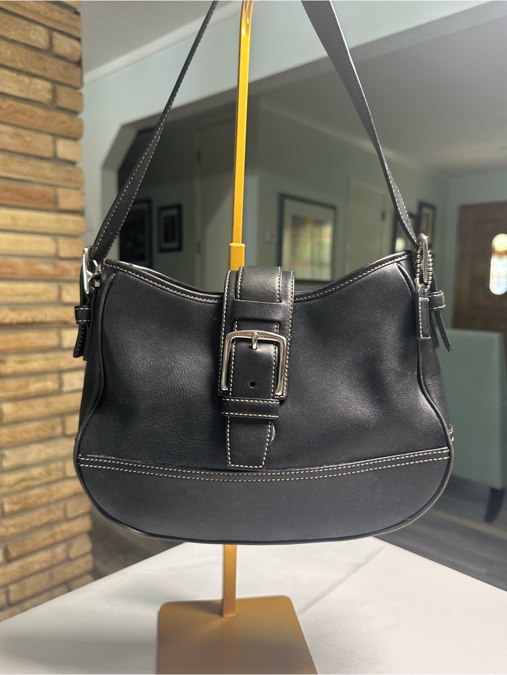 Coach Black Leather Hampton SoHo Buckle Flap Shoulder Bag with Silver  Hardware